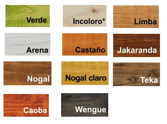 Tabla con la carta de colores de Impra para madera, desde natural hasta nogal