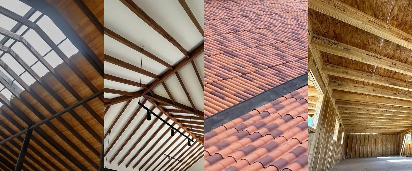 Estructura de techo de madera con vigas y tablilla, banner de Madepinos en Medellín